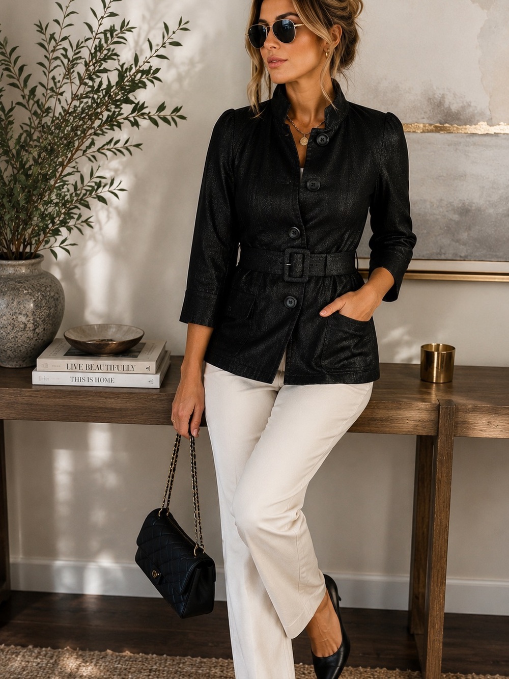 Willi Smith Black Textured Belted Blazer Jacket